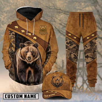 Maxcorners Hunting Brown Bear Woodland Camo Personalized 3D Combo Hoodie, Sweatpants Set & Cap