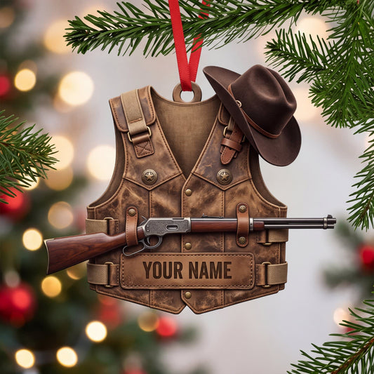 Maxcorners Hunting Vintage Leather Vest Cowboy Hat And Rifle Personalized Name 3D Keychain And Ornament