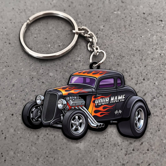 Maxcorners Hot Rod Purple Black Classic Car with Orange Fire Graphics Personalized Name 3D Keychain And Ornament