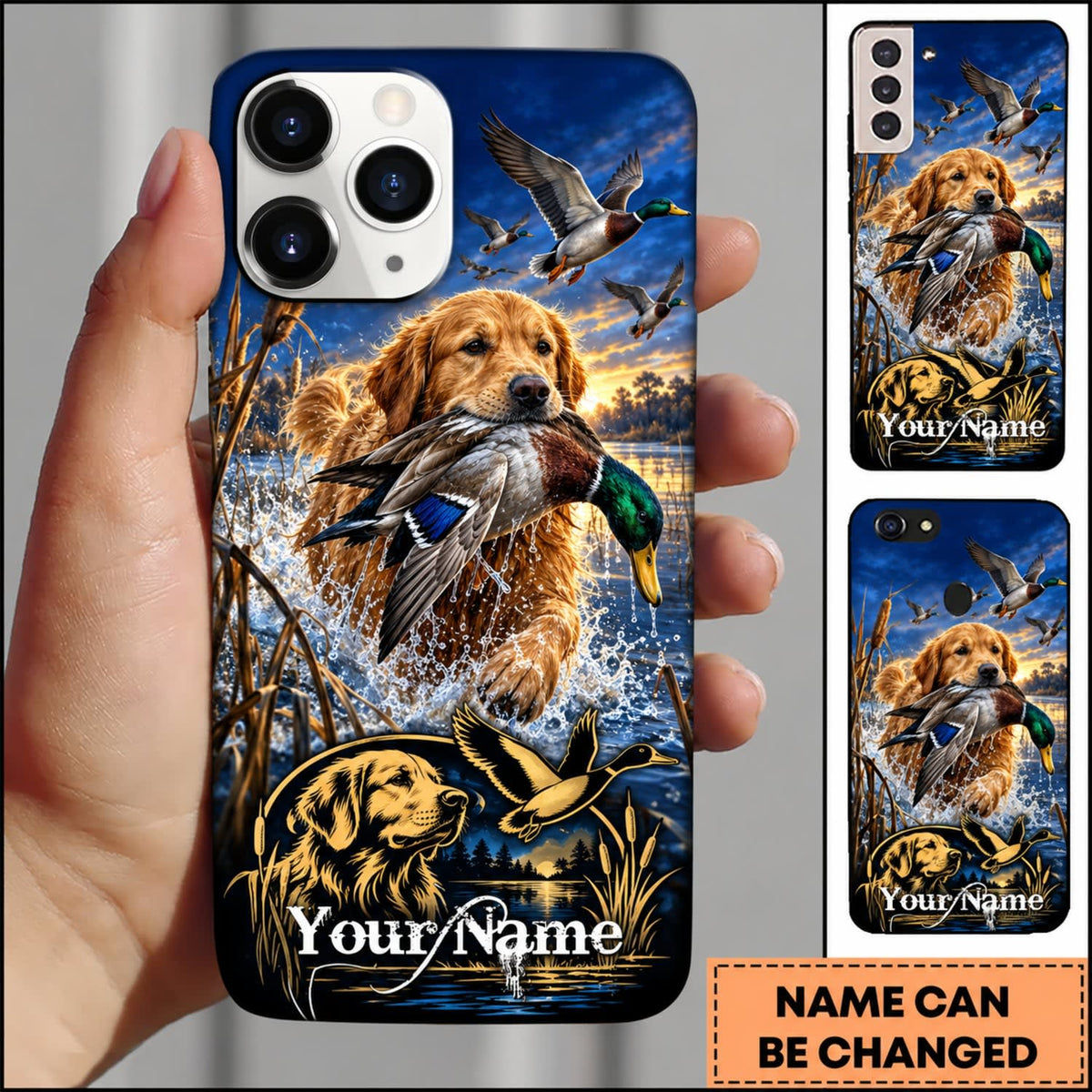 Maxcorners Duck Hunting German Shorthaired Pointer American Flag Marsh Adventure Personalized Name 3D Phone Case - Golden Retriever