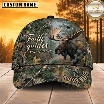 Maxcorners Moose Hunting Bull Moose Faith Guides Every Journey Forest Camo Customized Name 3D Cap