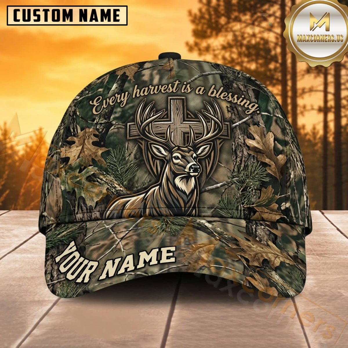 Maxcorners Deer Hunting Whitetail Deer Skull Rustic Woodland Camo Customized Name 3D Cap