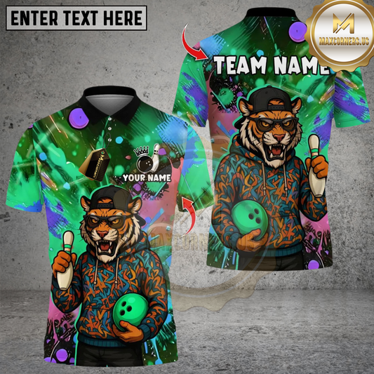 Maxcorners Bowling Funny Tiger Colorful Multicolor Customized Name, Team Name 3D Shirts