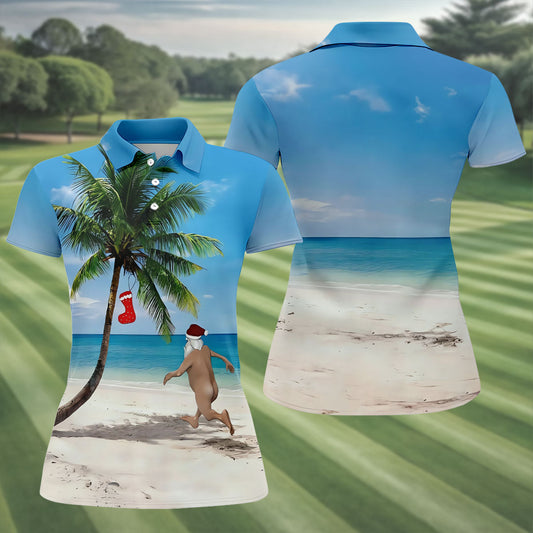 Maxcorners Funny Santa Running On Tropical Beach Christmas Golf Shirt, Women's Golf Tops, Golf Shirts For Women LM1507