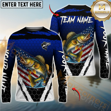 Maxcorners Walleye fishing American Flag Custom patriotic long sleeve team Walleye fishing shirts | Blue LM1809