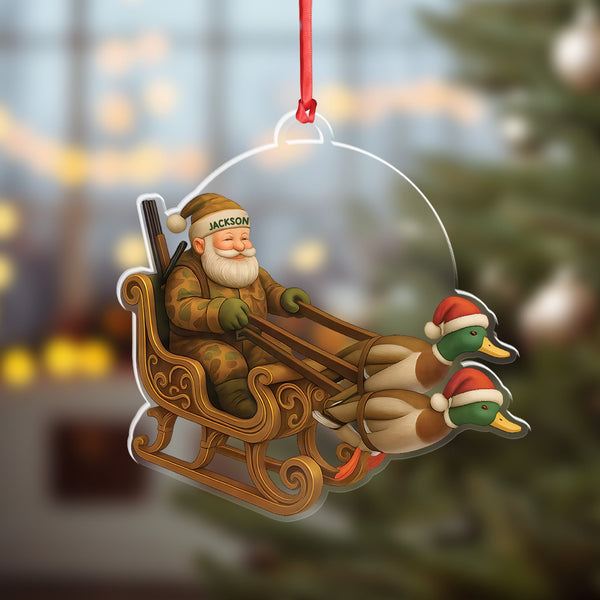 Maxcorners Personalized Funny Santa Hunter Acrylic Ornament- Duck Hunting Christmas Wall Art, Santa Claus with Ducks Sleigh, Custom Hunter Gift for Men LM0411
