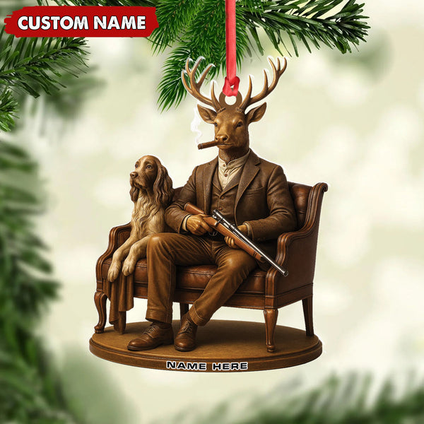 Maxcorners Personalized Acrylic Deer Christmas Ornament - Elegant Hunter Buck with Dog Holding Rifle Holiday Decor LM0411