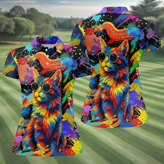 Maxcorners Colorful Cat Wearing Sunglasses Art Golf Shirt, Women's Golf Shirt, Hawaiian Golf Shirt LM1507