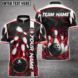 Maxcorners Flaming Strike Bowling Jersey Multicolor Option Customized Name, Team Name 3D Zipper Polo Shirt