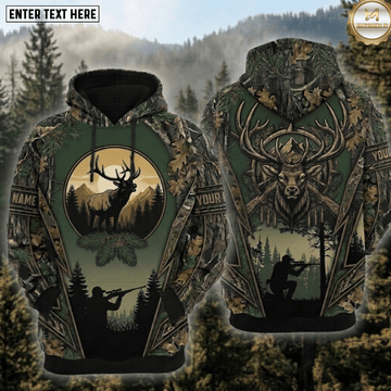 Maxcorners Elk Hunting Mountain Sunset Compass Antler Rifle Hunter Forest Camo Hoodie Personalized Your Name 3D Hoodie