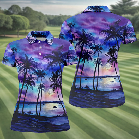 Maxcorners Moonlit Tropical Beach Palm Tree Golf Shirt, Women's Golf Shirt, Hawaiian Golf Shirt, Golf Polo For Women LM1507