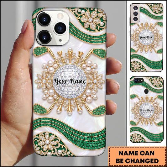 Maxcorners Golf Pearl Background with Gemstone Wave Lines Green Personalized Phone Case