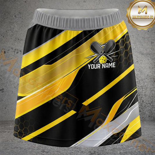 Maxcorners Pickleball Black Yellow Racing Stripe Personalized 3D Skort, Skirts With Shorts