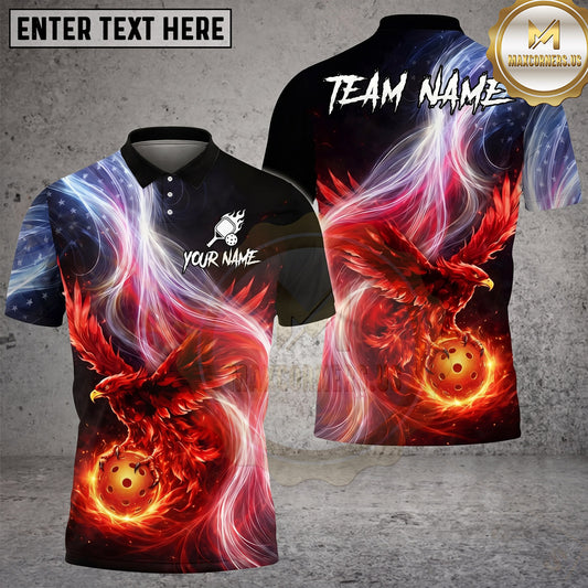 Maxcorners Pickleball Polo Fiery Patriotic Phoenix Multiple Options Personalized Name, Team Name 3D Shirt