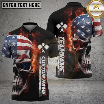 Maxcorners Pickleball Polo Patriotic Flaming Skull Multiple Options Personalized Name, Team Name 3D Shirt