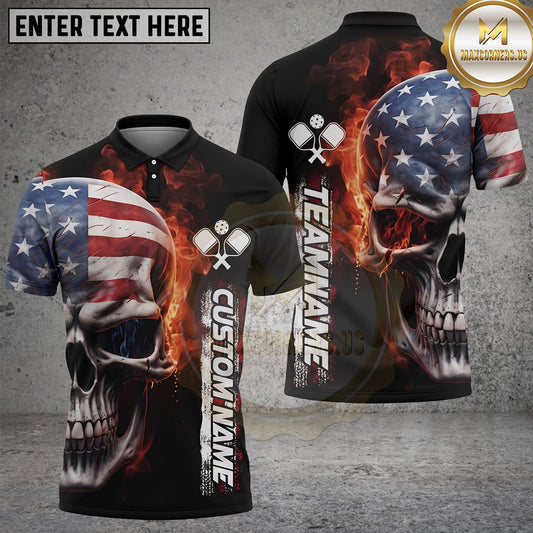 Maxcorners Pickleball Polo Patriotic Flaming Skull Multiple Options Personalized Name, Team Name 3D Shirt