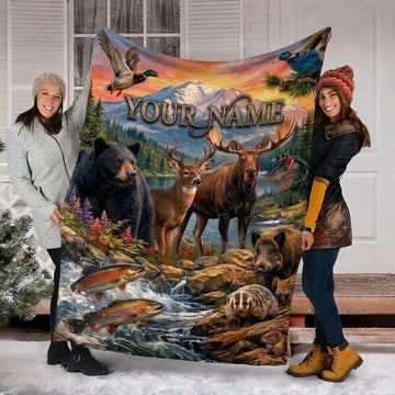 Maxcorners Hunting Bear Moose Deer Wild Boar Turkey Forest Custom Name 3D Blanket