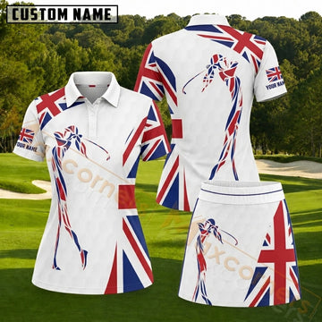 Maxcorners White UK Flag Female Golfer Silhouette Personalized Name 3D Golf Shirt and Skirt