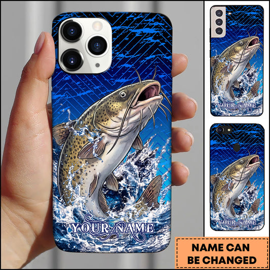 Maxcorners Fishing Blue Geometric Splash Wave Personalized Name Phone Case (12 Fish Species)