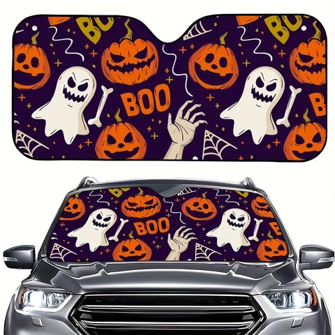 Maxcorners Halloween-themed Car Windshield Sunshade: Protect Your Vehicle from UV Rays with Pumpkin and Ghost Prints