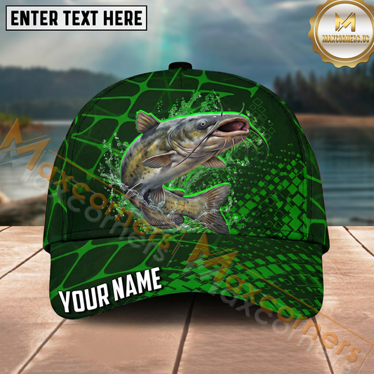 Maxcorners Fishing Green Geometric Water Splash Personalized Name 3D Cap (12 Fish Species)