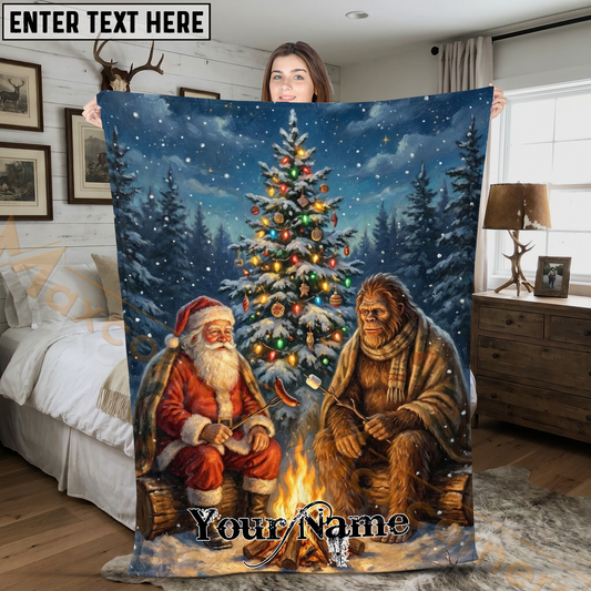 Maxcorners Vintage Santa Claus and Bigfoot Toasting Marshmallows Personalized 3D Blanket