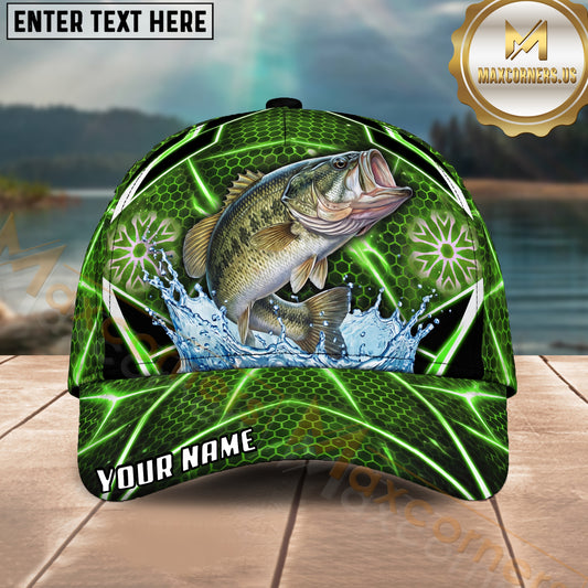 Maxcorners Fishing Green Neon Honeycomb Water Splash Personalized Name 3D Cap (12 Fish Species)