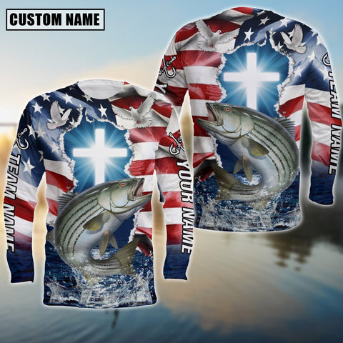 Maxcorners Stripped Bass Fishing Cross Jesus With Flag of the United States Pattern Sport Custom Name & Team Name 3D Shirts