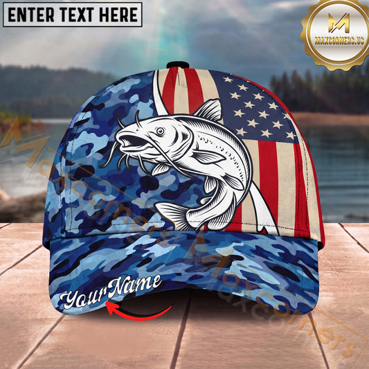 Maxcorners Fishing USA Flag Blue Camouflage Personalized Name 3D Cap (12 Fish Species)