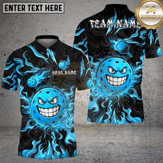 Maxcorners Pickleball Polo Angry Flaming Ball Character Multiple Options Personalized Name, Team Name 3D Shirt