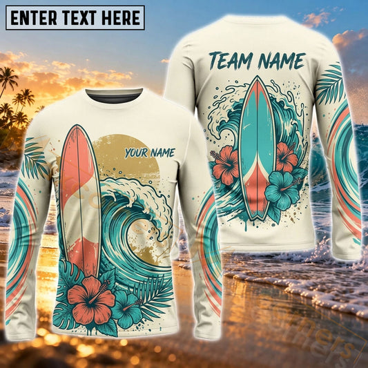 Maxcorners Surfboard Colorful Beach Wave Art Customized Name, Team Name 3D Long Sleeve Shirt
