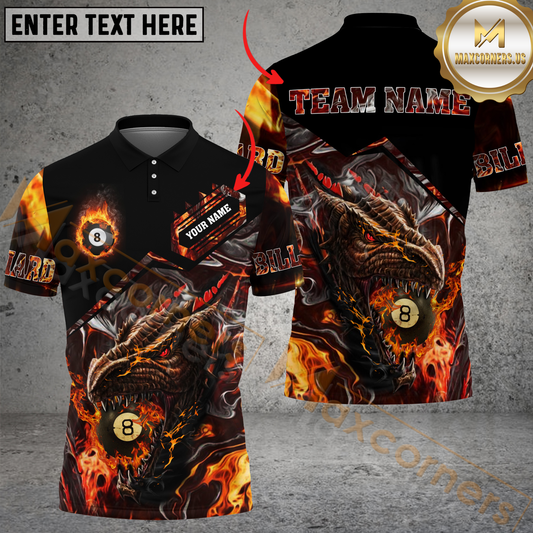 Maxcorners Ball 8 Pool Fiery Dragon Billiard Jersey Multicolor Option Customized Name, Team Name 3D Polo Shirt