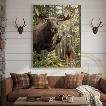 Maxcorners Funny Moose Deer Canvas Wall Art - Forest Family Photobomb Humor