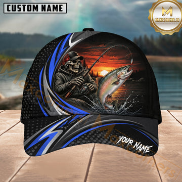 Maxcorners Fishing Skull Angler Blue Wave Personalized 3D Cap