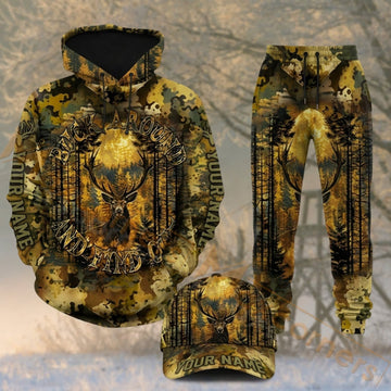 Maxcorners Hunting Whitetail Buck Golden Forest Camouflage Personalized 3D Combo Hoodie, Sweatpants Set & Cap