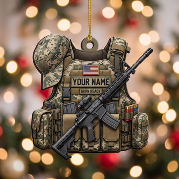 Maxcorners Military Woodland Camo Helmet Tactical Vest And Rifle Personalized Name 3D Keychain And Ornament