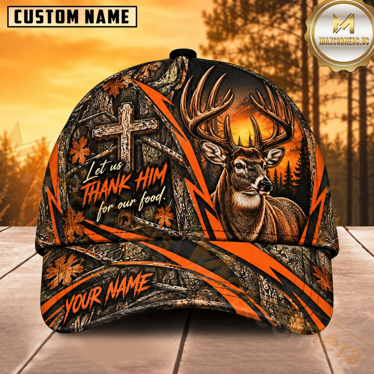 Maxcorners Deer Hunting Whitetail Buck Thank Him for Our Food Orange Cross Camo Customized Name 3D Cap