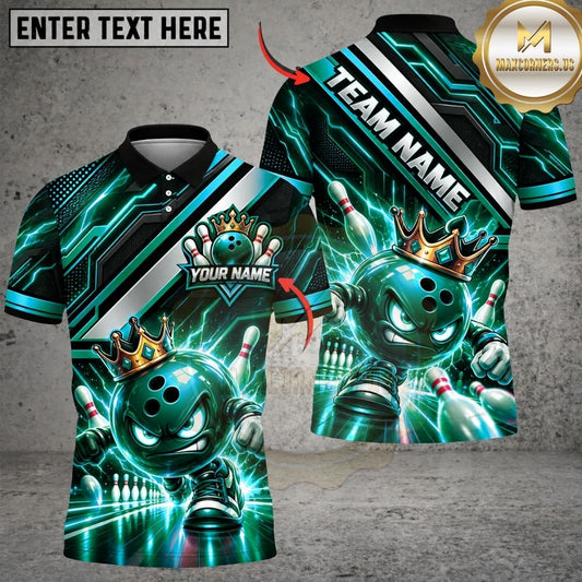 Maxcorners Bowling Angry Ball Mascot Crown Neon Cyber Stripe Pins Artwork Multicolor Customized Name, Team Name 3D Shirts
