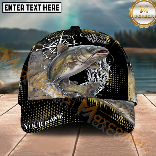 Maxcorners Fishing Olive Compass Halftone Splash Personalized Name 3D Cap (12 Fish Species)
