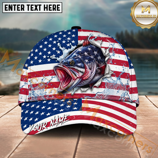Maxcorners Fishing Patriotic Flag Water Splash Personalized Name 3D Cap (12 Fish Species)