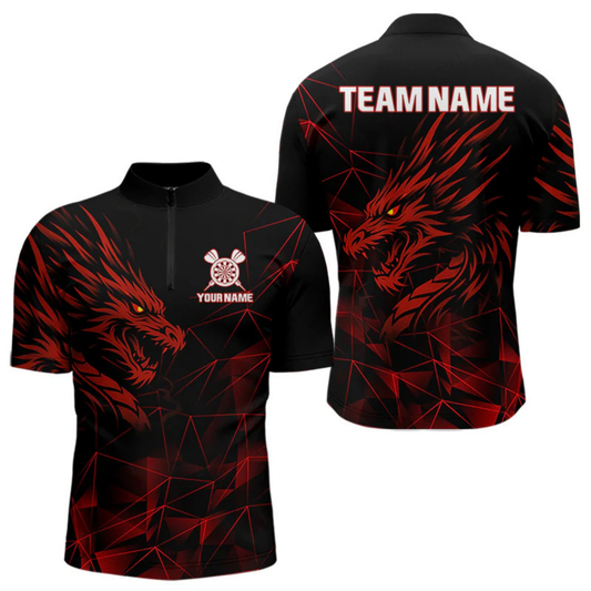 Maxcorners Men’s Custom Darts Shirt With Maroon Dragons And Black Geometric Pattern LM2404