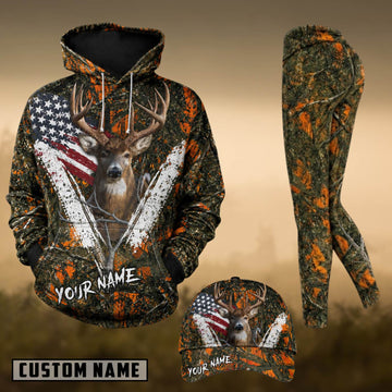 Maxcorners Hunting Whitetail Deer American Flag Orange Forest Camo Personalized 3D Combo Hoodie, Legging Set & Cap