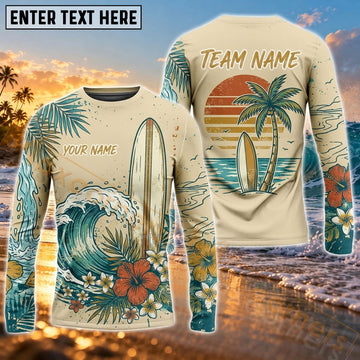 Maxcorners Surfing Palm Tree Graphic & Tropical Coastal Wave Art Customized Name, Team Name 3D Long Sleeve Shirt