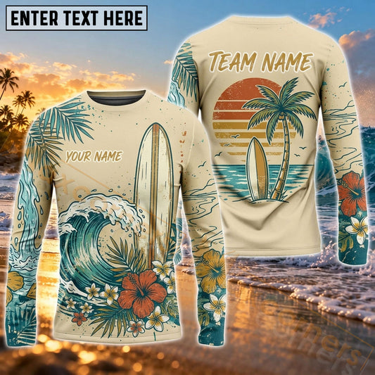 Maxcorners Surfing Palm Tree Graphic & Tropical Coastal Wave Art Customized Name, Team Name 3D Long Sleeve Shirt