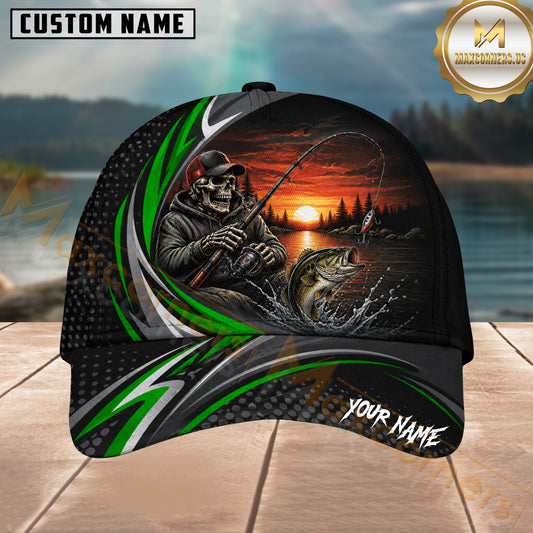 Maxcorners Fishing Skull Angler Green Wave Personalized 3D Cap