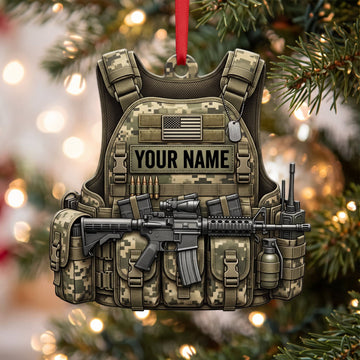 Maxcorners Olive Tactical Vest And Rifle Personalized Name 3D Keychain And Ornament