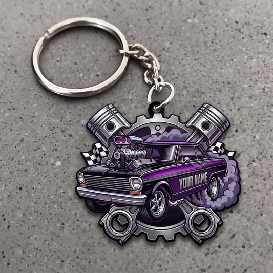 Maxcorners Hot Rod Purple Vintage Coupe with Chrome Pistons and Industrial Gears Personalized Name 3D Keychain And Ornament