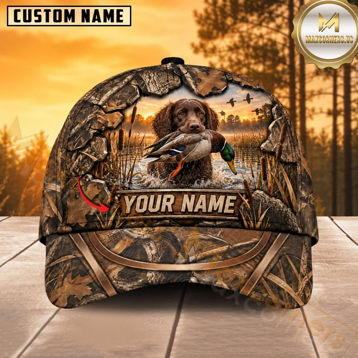 Maxcorners Dog Hunting And Duck Sunset Marsh Landscape Camo Personalized Name 3D Cap