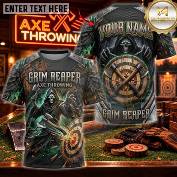 Maxcorners Axe Throwing Grim Reaper Green Smoke Personalized Name 3D Unisex Shirt