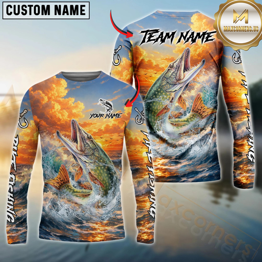 Maxcorners Fishing Ocean Sunset Wave Custom Name & Team Name 3D Shirts